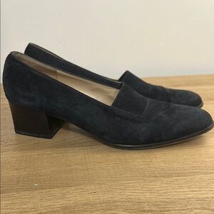 Salvatore Ferragamo Navy Suede Block Heel Loafers